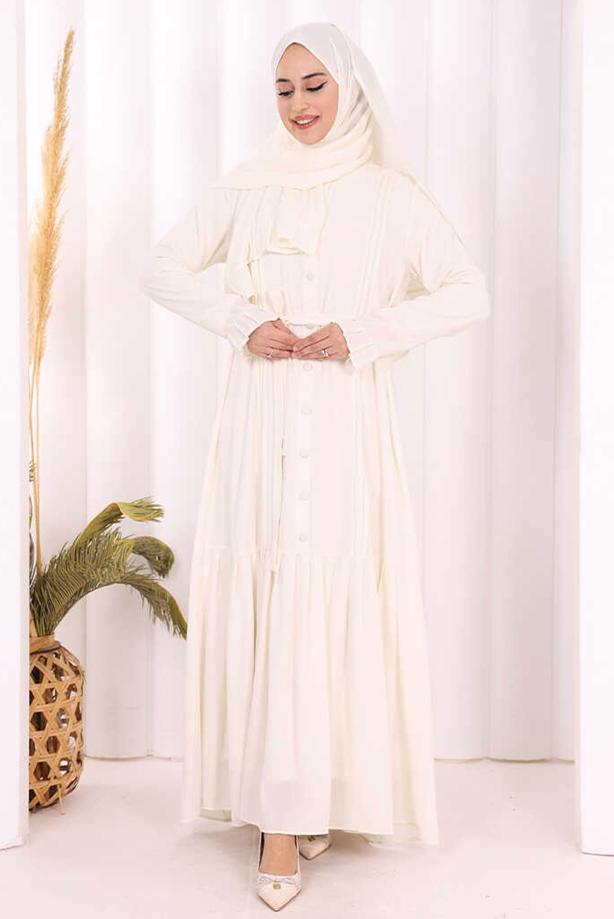 Tesettür giyim EKRU ŞALLI KUŞAK DETAYLI ELBİSE T 9306 - TRENDTESETTÜR