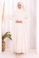Tesettür giyim EKRU ŞALLI KUŞAK DETAYLI ELBİSE T 9306