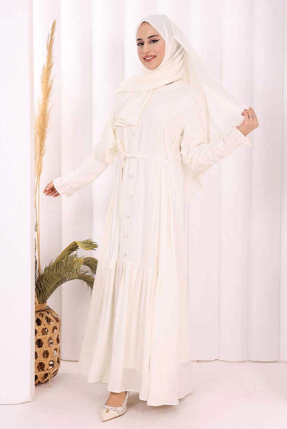 Tesettür giyim EKRU ŞALLI KUŞAK DETAYLI ELBİSE T 9306