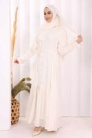 Tesettür giyim EKRU ŞALLI KUŞAK DETAYLI ELBİSE T 9306