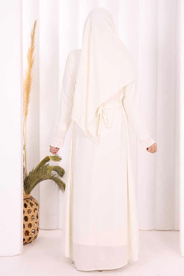 Tesettür giyim EKRU ŞALLI KUŞAK DETAYLI ELBİSE T 9306 - TRENDTESETTÜR