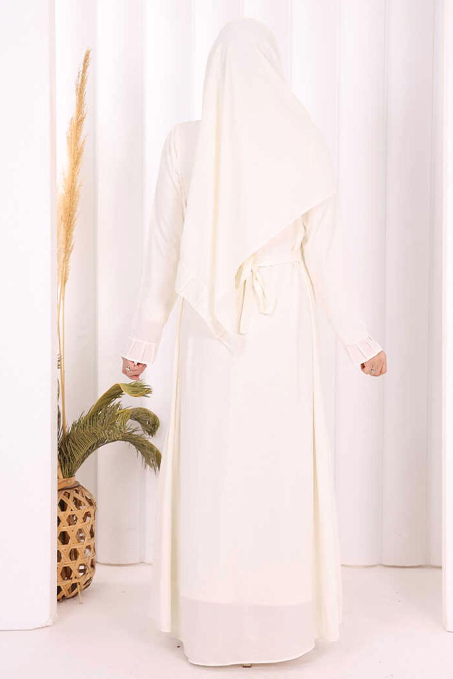 Tesettür giyim EKRU ŞALLI KUŞAK DETAYLI ELBİSE T 9306