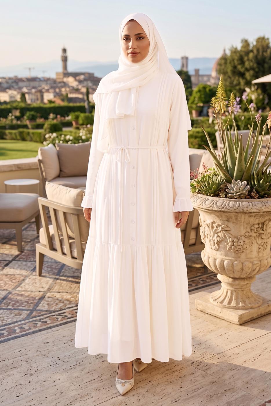 Vêtements hijab ÉCRU ROBE CEINTURÉE DÉTAILLÉE CHÂLE T 9306
