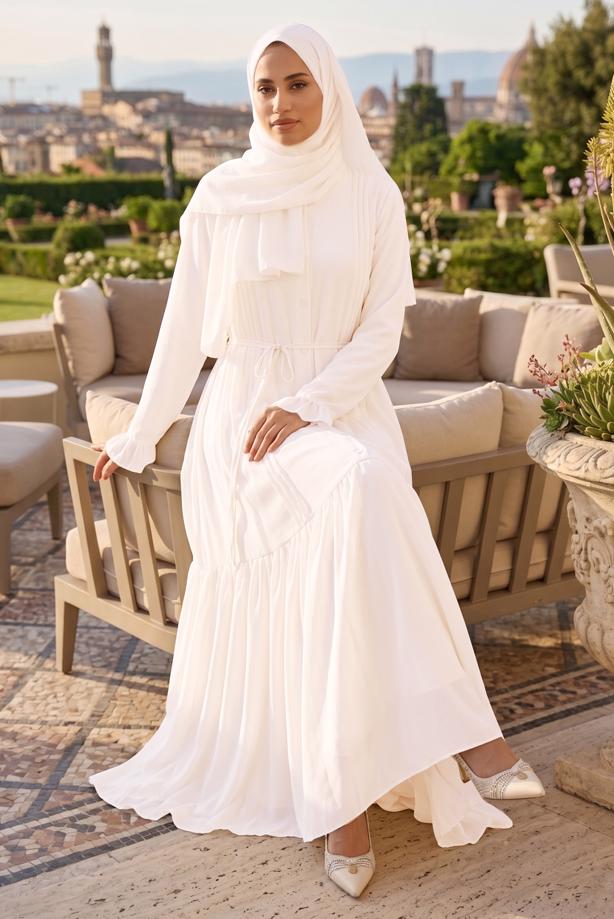 Vêtements hijab ÉCRU ROBE CEINTURÉE DÉTAILLÉE CHÂLE T 9306 - TRENDTESETTÜR