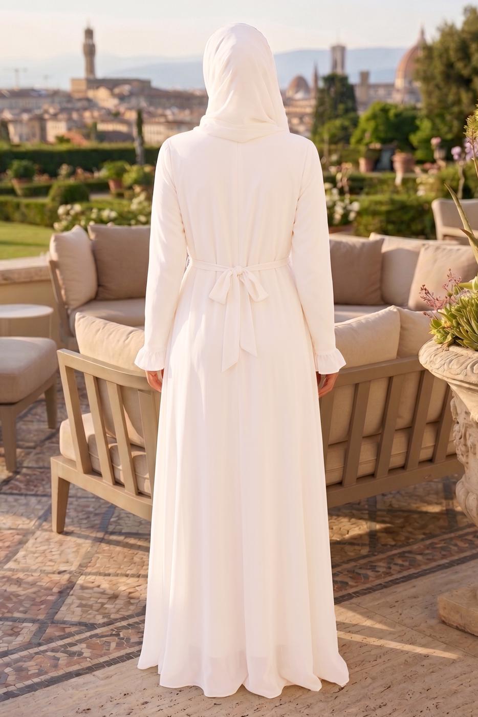 Vêtements hijab ÉCRU ROBE CEINTURÉE DÉTAILLÉE CHÂLE T 9306