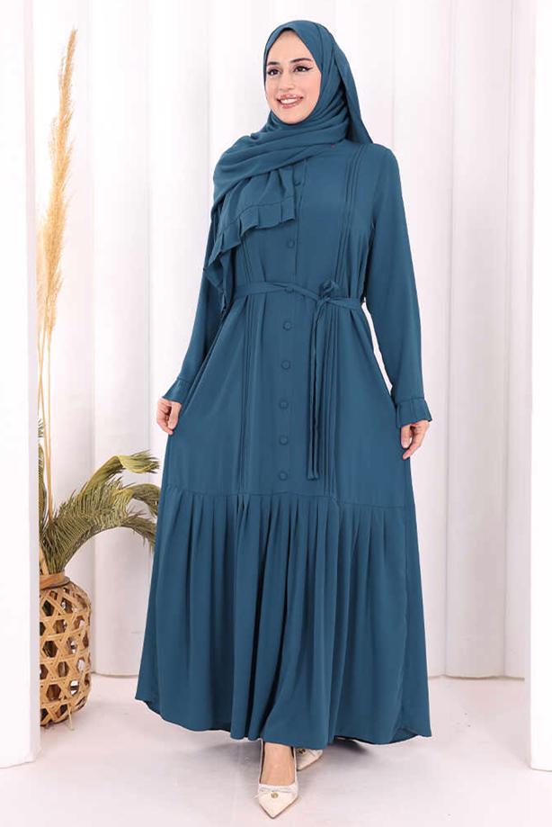 Tesettür giyim LACİVERT ŞALLI KUŞAK DETAYLI ELBİSE T 9306 - TRENDTESETTÜR