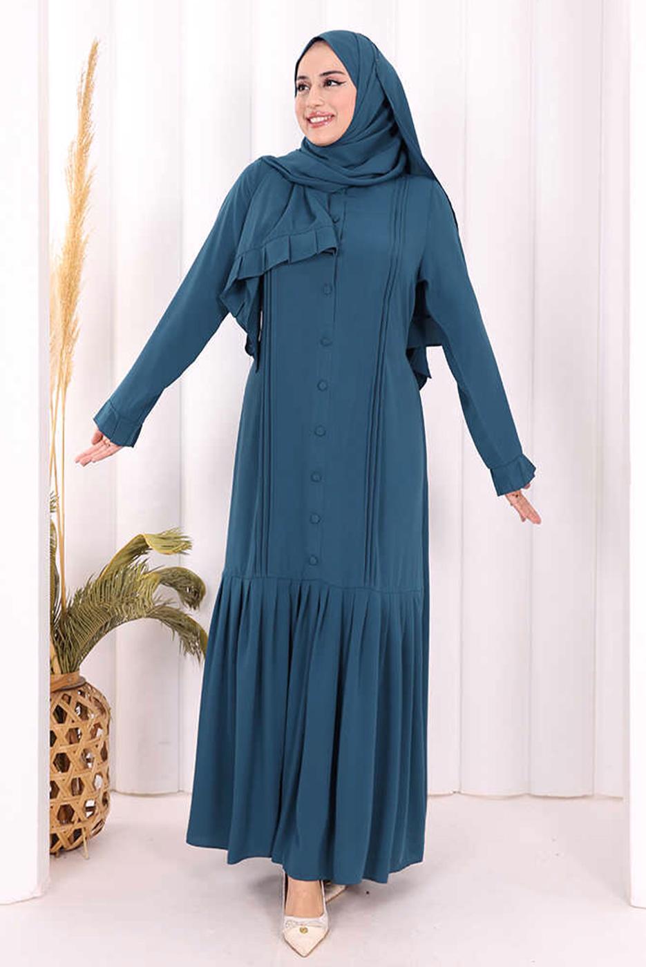 Tesettür giyim LACİVERT ŞALLI KUŞAK DETAYLI ELBİSE T 9306