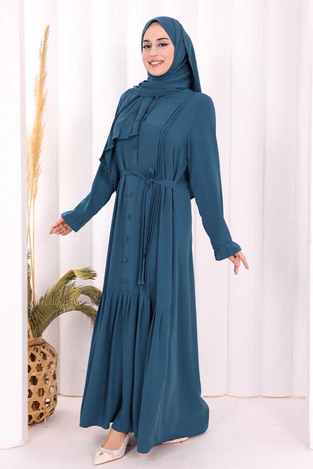 Tesettür giyim LACİVERT ŞALLI KUŞAK DETAYLI ELBİSE T 9306 - TRENDTESETTÜR