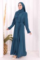 Tesettür giyim LACİVERT ŞALLI KUŞAK DETAYLI ELBİSE T 9306