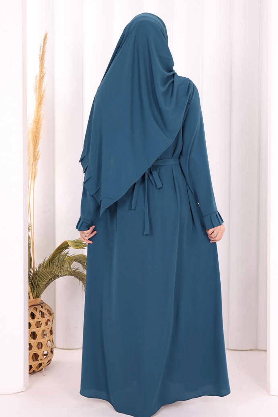 Tesettür giyim LACİVERT ŞALLI KUŞAK DETAYLI ELBİSE T 9306