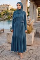 Vêtements hijab BLEU MARINE ROBE CEINTURÉE DÉTAILLÉE CHÂLE T 9306