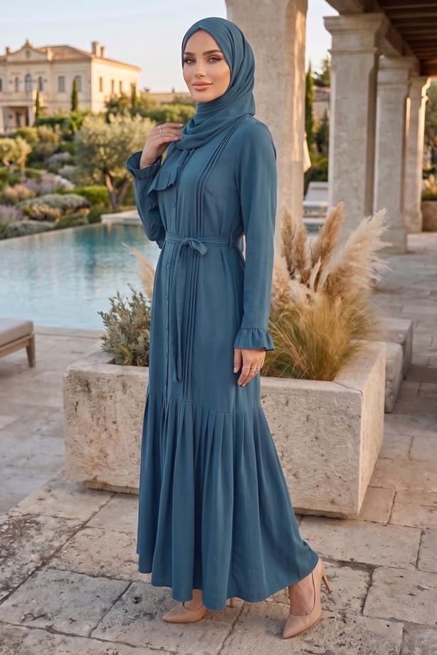 Vêtements hijab BLEU MARINE ROBE CEINTURÉE DÉTAILLÉE CHÂLE T 9306 - TRENDTESETTÜR