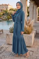 Vêtements hijab BLEU MARINE ROBE CEINTURÉE DÉTAILLÉE CHÂLE T 9306