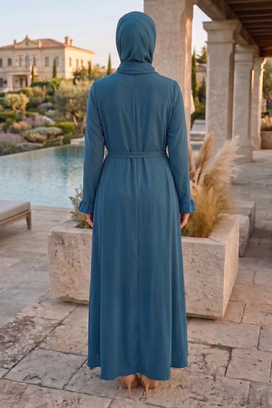 Vêtements hijab BLEU MARINE ROBE CEINTURÉE DÉTAILLÉE CHÂLE T 9306