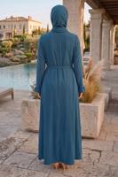 Vêtements hijab BLEU MARINE ROBE CEINTURÉE DÉTAILLÉE CHÂLE T 9306