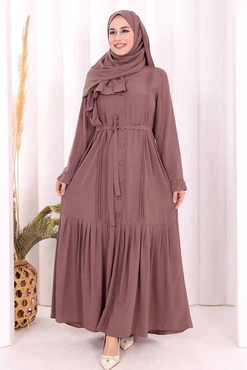 Tesettür giyim PEMBE ŞALLI KUŞAK DETAYLI ELBİSE T 9306