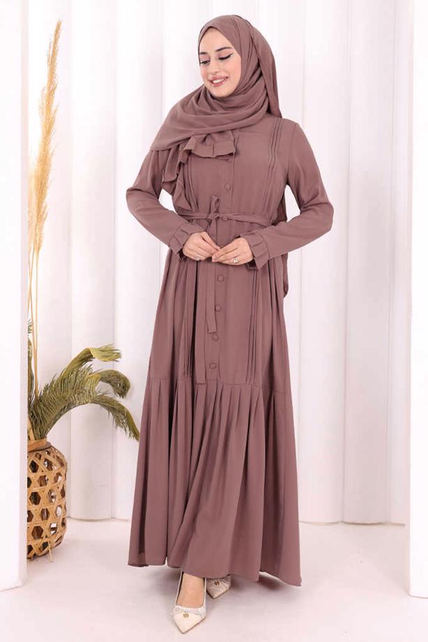 Tesettür giyim PEMBE ŞALLI KUŞAK DETAYLI ELBİSE T 9306 - TRENDTESETTÜR