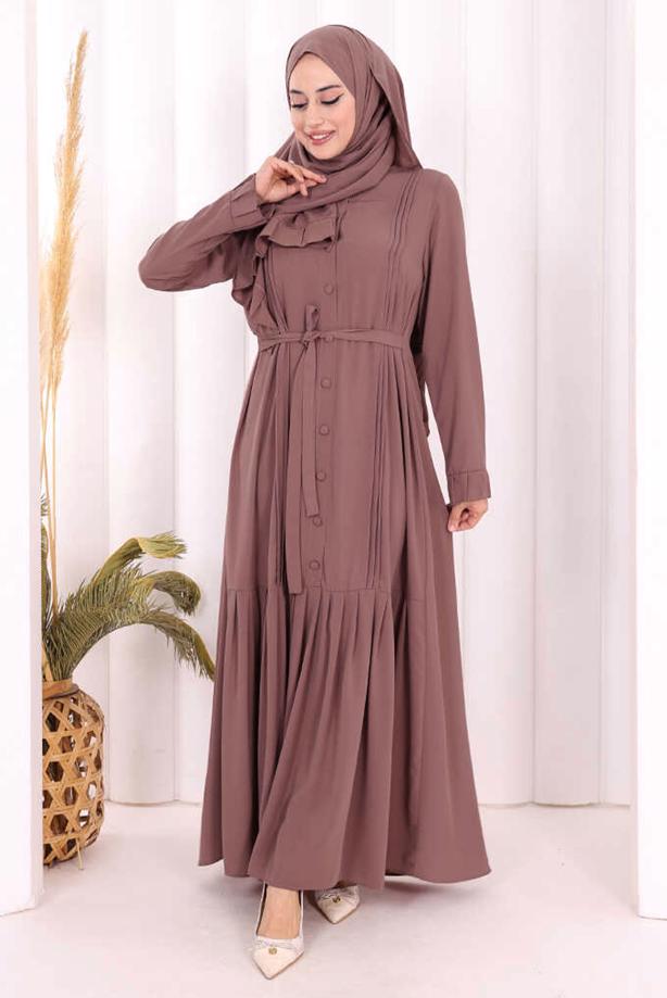 Tesettür giyim PEMBE ŞALLI KUŞAK DETAYLI ELBİSE T 9306 - TRENDTESETTÜR