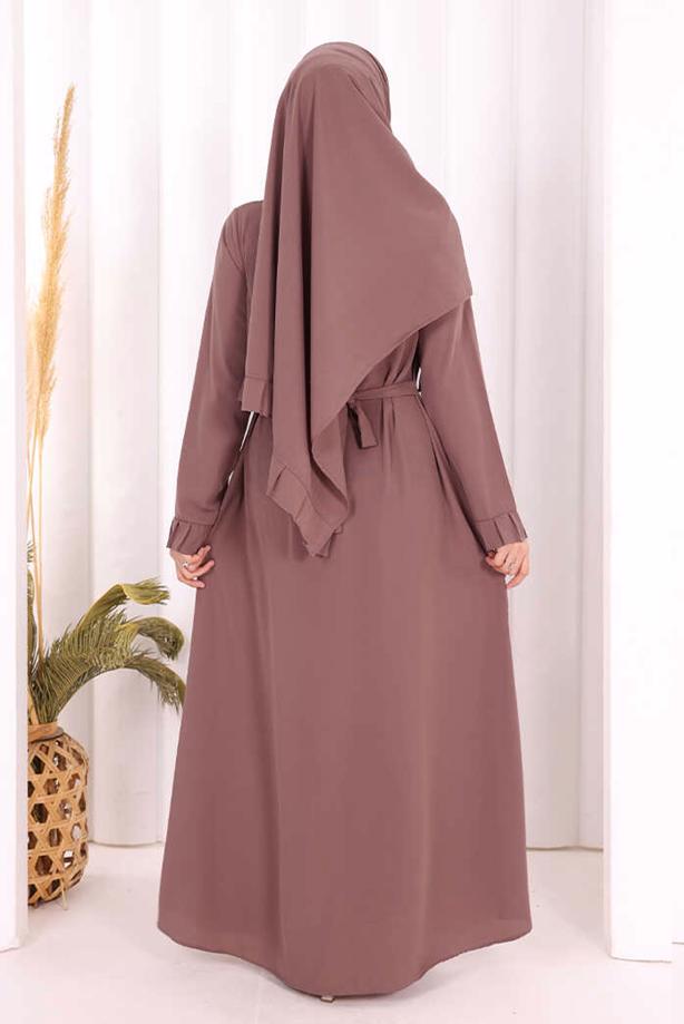 Tesettür giyim PEMBE ŞALLI KUŞAK DETAYLI ELBİSE T 9306 - TRENDTESETTÜR