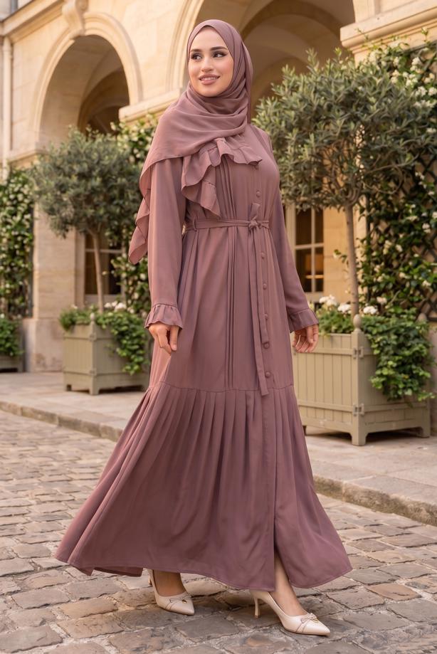 Vêtements hijab ROSE ROBE CEINTURÉE DÉTAILLÉE CHÂLE T 9306 - TRENDTESETTÜR