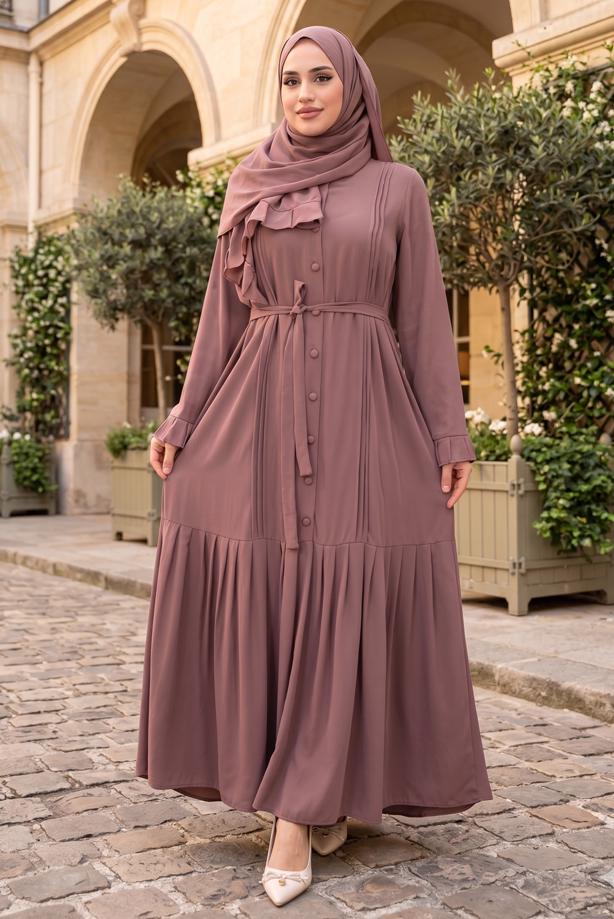 Vêtements hijab ROSE ROBE CEINTURÉE DÉTAILLÉE CHÂLE T 9306 - TRENDTESETTÜR