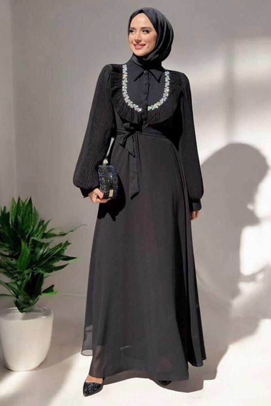 Vêtements hijab NOIR ROBE EN CHIFFON CEINTURE T 9493