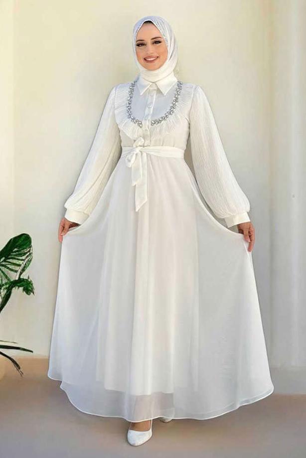 Vêtements hijab ÉCRU ROBE EN CHIFFON CEINTURE T 9493 - TRENDTESETTÜR
