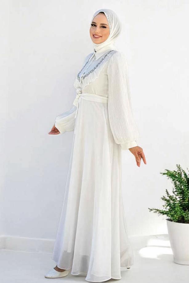 Vêtements hijab ÉCRU ROBE EN CHIFFON CEINTURE T 9493 - TRENDTESETTÜR