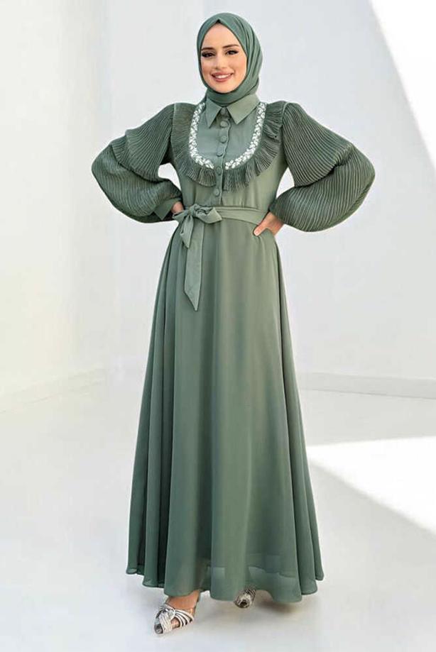 Vêtements hijab VERT ROBE EN CHIFFON CEINTURE T 9493 - TRENDTESETTÜR