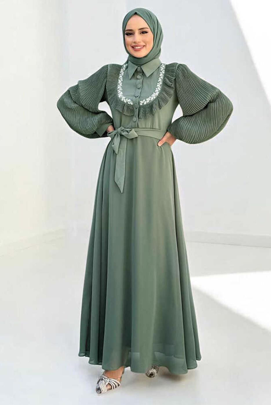 Vêtements hijab VERT ROBE EN CHIFFON CEINTURE T 9493