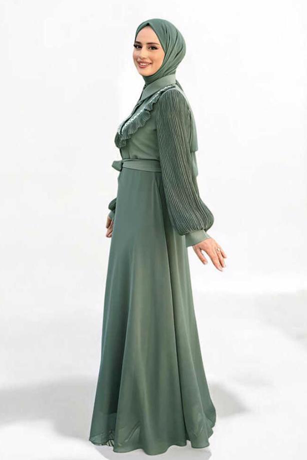 Vêtements hijab VERT ROBE EN CHIFFON CEINTURE T 9493 - TRENDTESETTÜR