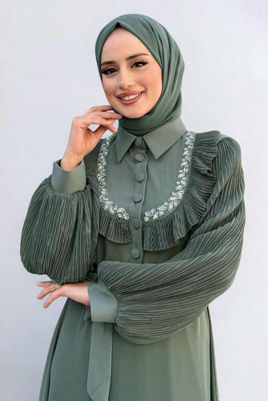 Vêtements hijab VERT ROBE EN CHIFFON CEINTURE T 9493