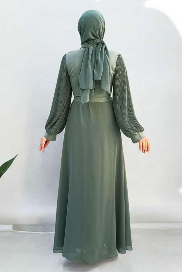 Vêtements hijab VERT ROBE EN CHIFFON CEINTURE T 9493 - TRENDTESETTÜR