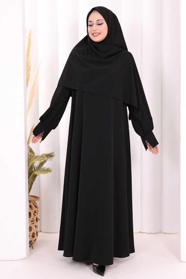 Tesettür giyim SİYAH EŞARPLI ELBİSE T 9506 - TRENDTESETTÜR