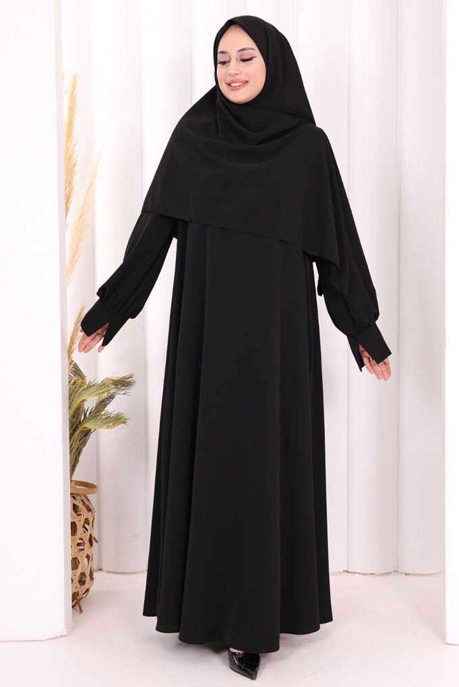 Tesettür giyim SİYAH EŞARPLI ELBİSE T 9506