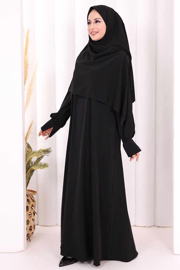 Tesettür giyim SİYAH EŞARPLI ELBİSE T 9506 - TRENDTESETTÜR