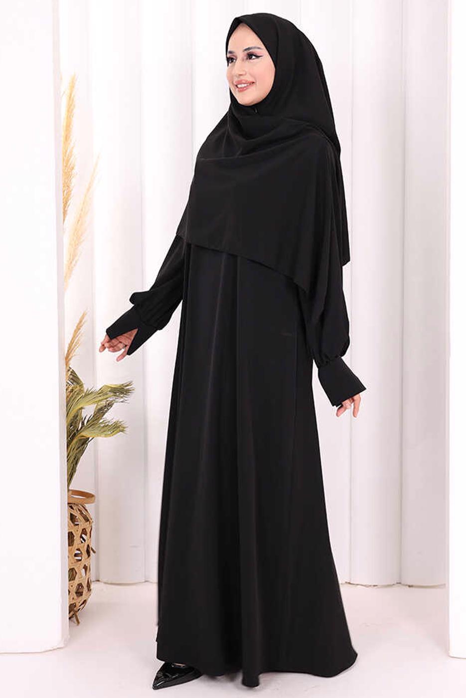 Tesettür giyim SİYAH EŞARPLI ELBİSE T 9506
