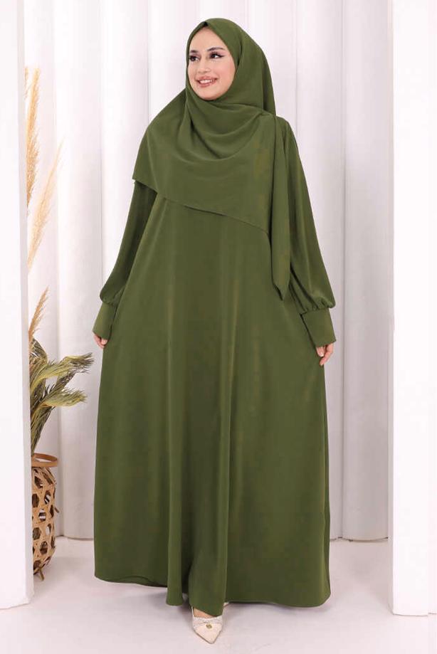 Tesettür giyim HAKİ EŞARPLI ELBİSE T 9506 - TRENDTESETTÜR