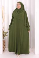 Tesettür giyim HAKİ EŞARPLI ELBİSE T 9506