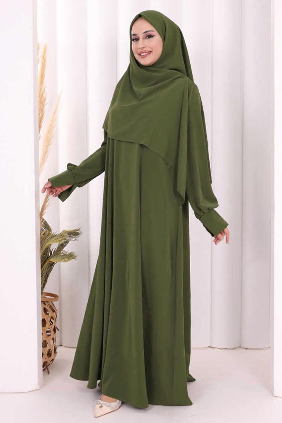 Tesettür giyim HAKİ EŞARPLI ELBİSE T 9506