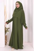 Tesettür giyim HAKİ EŞARPLI ELBİSE T 9506