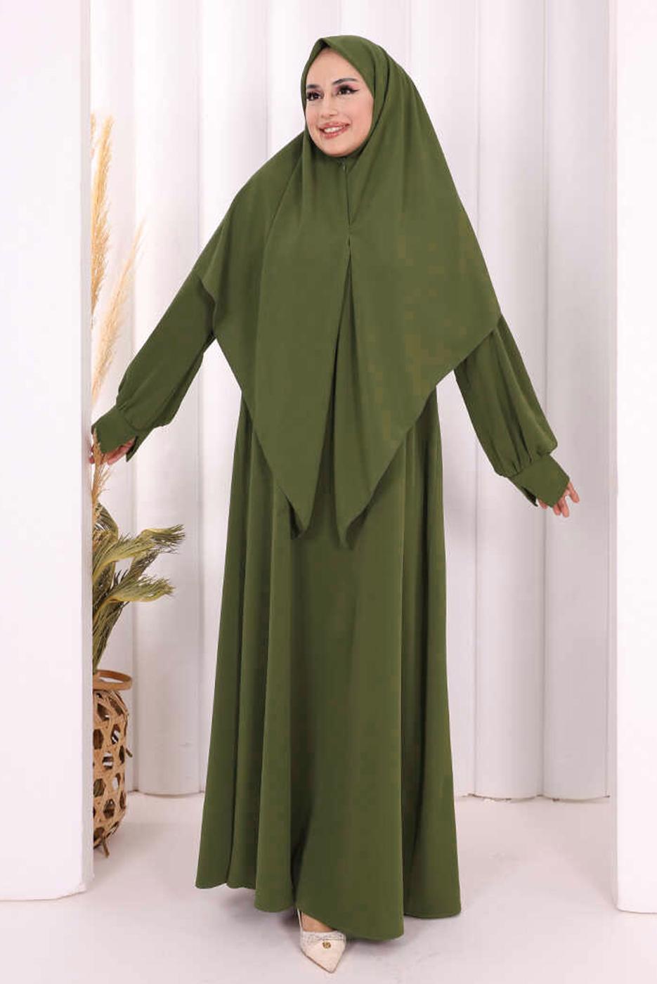 Tesettür giyim HAKİ EŞARPLI ELBİSE T 9506