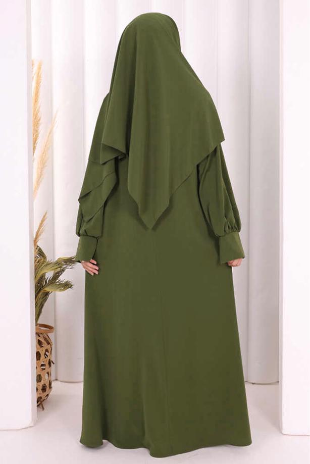 Tesettür giyim HAKİ EŞARPLI ELBİSE T 9506 - TRENDTESETTÜR