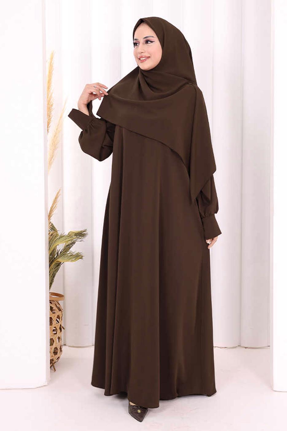 Tesettür giyim KAHVE EŞARPLI ELBİSE T 9506