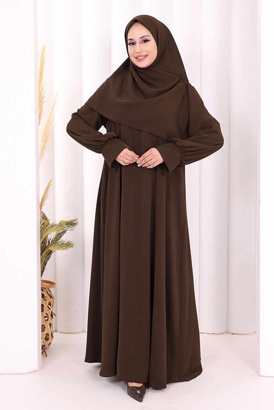 Tesettür giyim KAHVE EŞARPLI ELBİSE T 9506