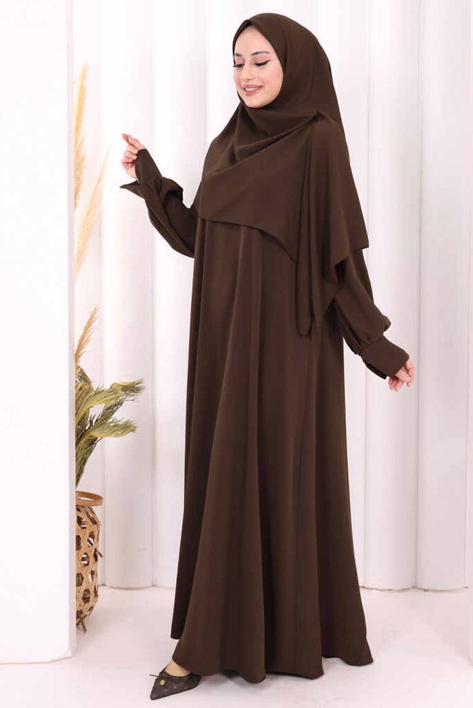 Tesettür giyim KAHVE EŞARPLI ELBİSE T 9506