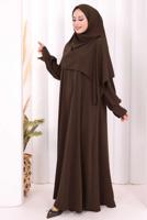 Tesettür giyim KAHVE EŞARPLI ELBİSE T 9506