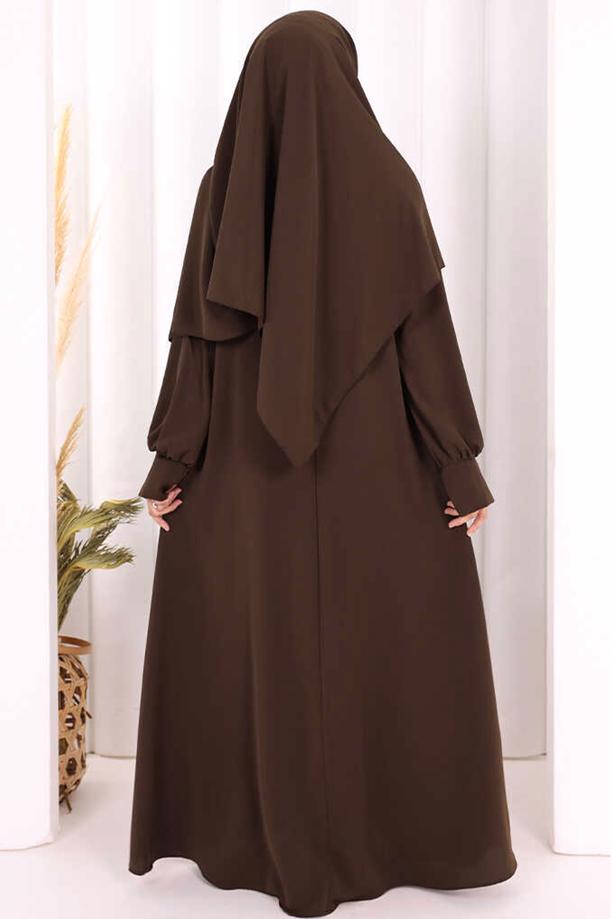 Tesettür giyim KAHVE EŞARPLI ELBİSE T 9506 - TRENDTESETTÜR