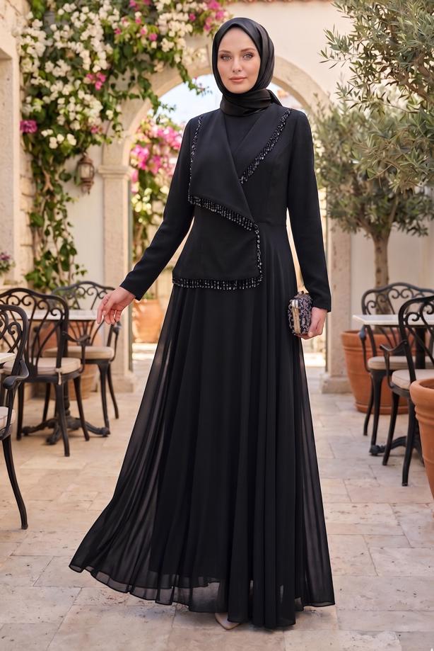Hijab clothing BLACK BEAD DETAILED DRESS T 9884 - TRENDTESETTÜR