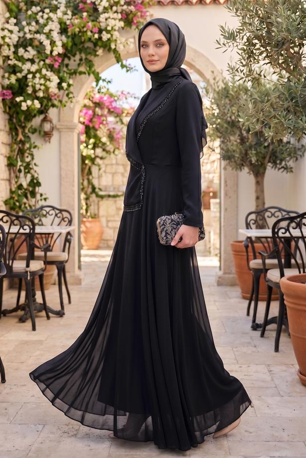 Hijab clothing BLACK BEAD DETAILED DRESS T 9884 - TRENDTESETTÜR